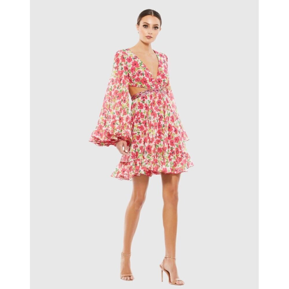 Mac Duggal Pink Floral Mini Dress with Green Accents